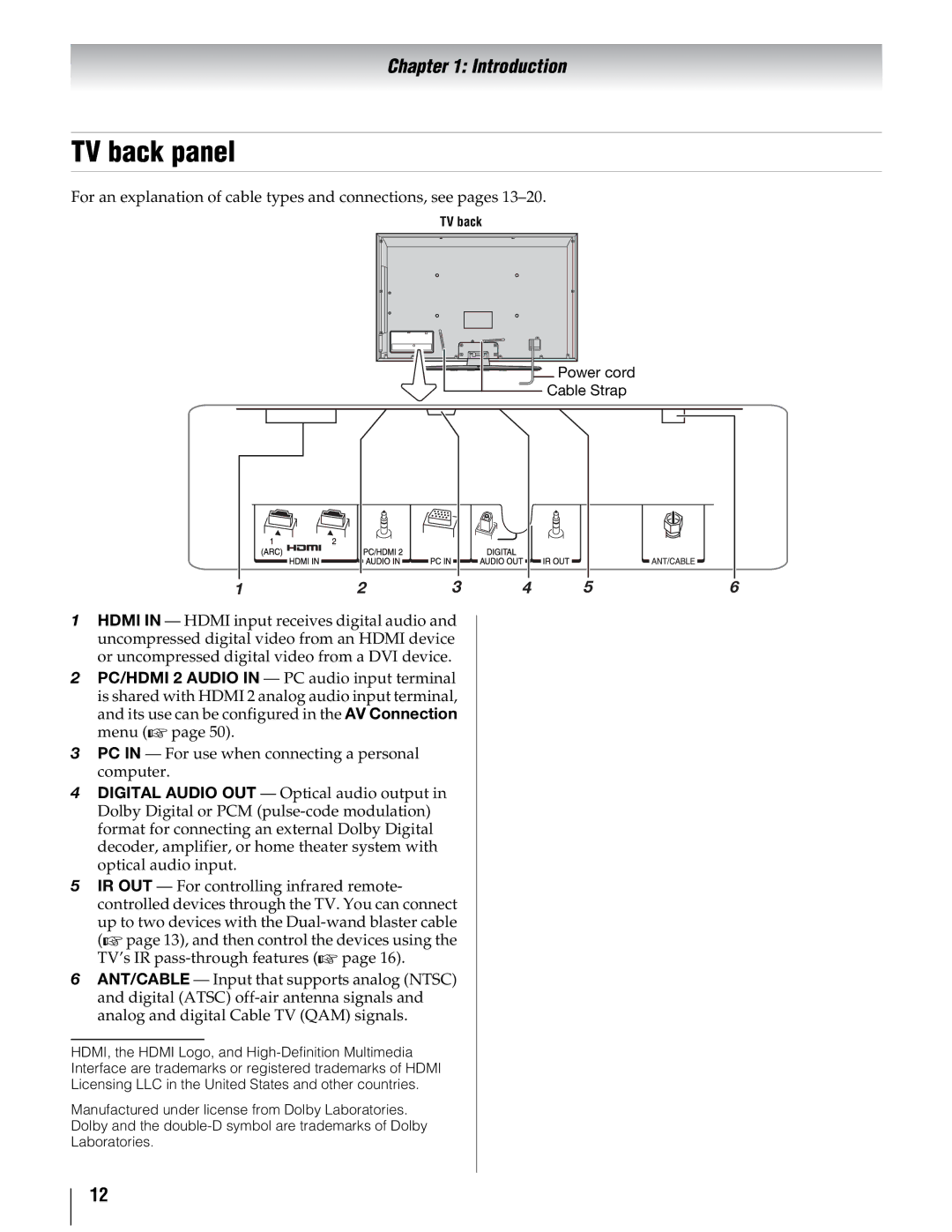 Toshiba 40UX600U, 55UX600U, 46UX600U manual TV back panel, For an explanation of cable types and connections, see pages 