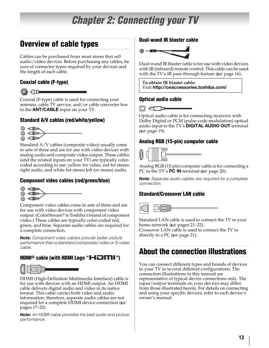 Toshiba 55UX600U, 40UX600U, 46UX600U manual Connecting your TV, Overview of cable types, About the connection illustrations 