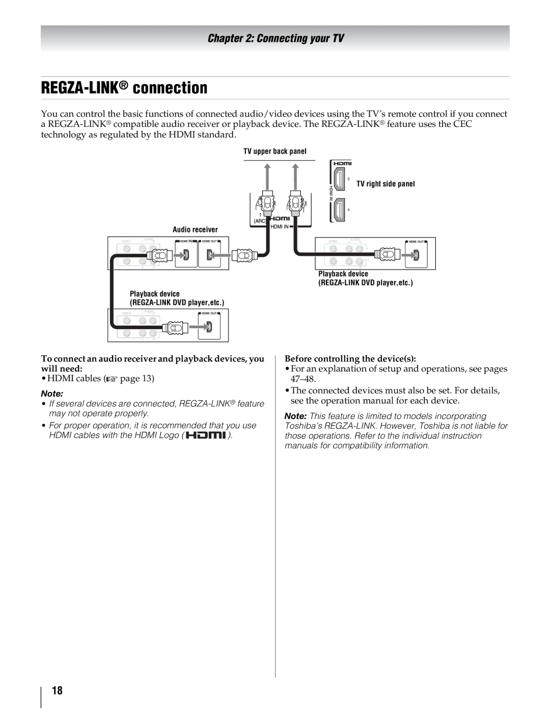 Toshiba 40UX600U, 55UX600U, 46UX600U manual REGZA-LINKconnection, Hdmi cables, Before controlling the devices 