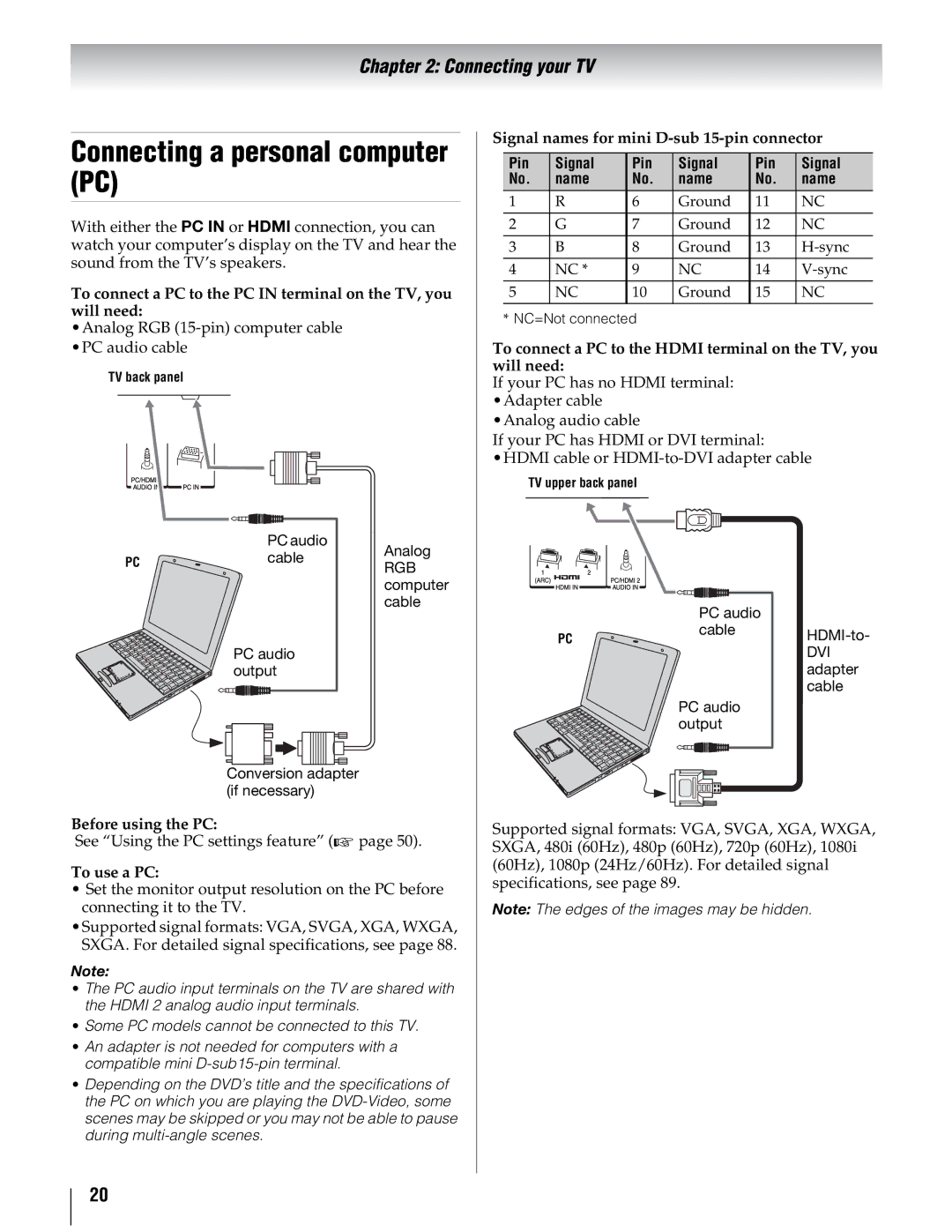 Toshiba 46UX600U, 40UX600U, 55UX600U manual Connecting a personal computer PC, Before using the PC, To use a PC 