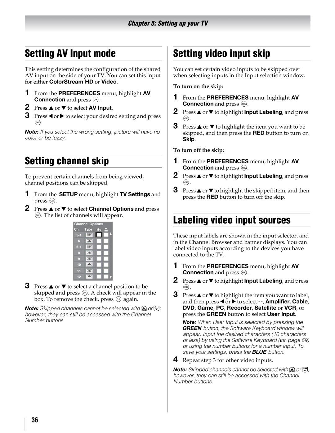 Toshiba 40UX600U Setting AV Input mode, Setting channel skip, Setting video input skip, Labeling video input sources, Skip 