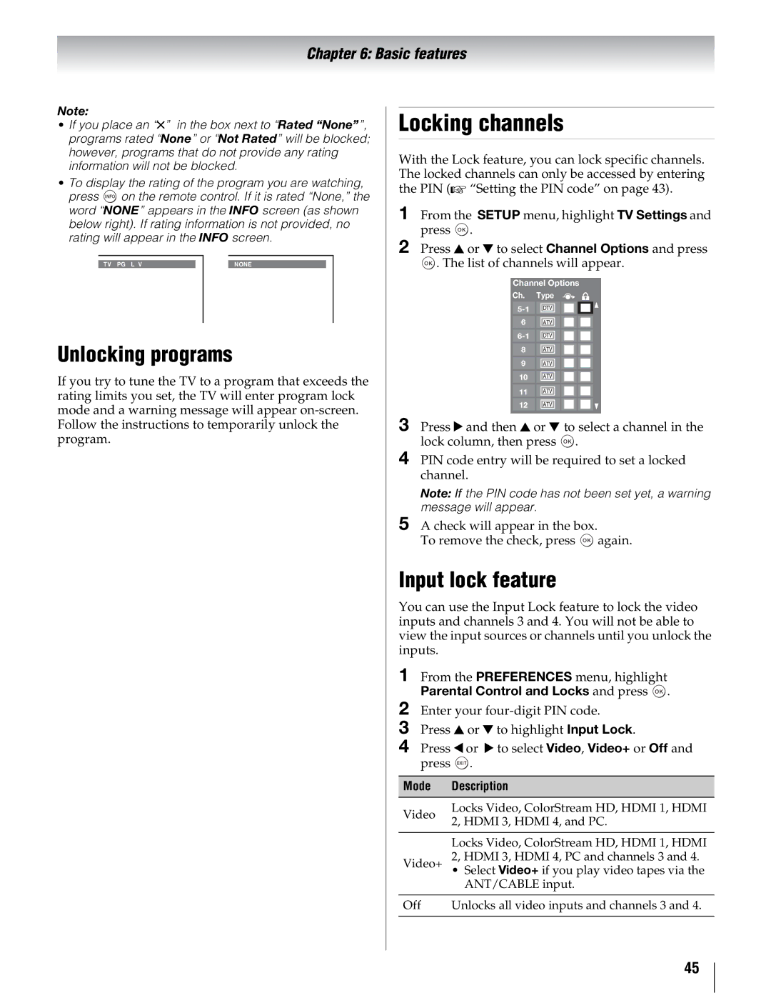 Toshiba 40UX600U, 55UX600U, 46UX600U manual Locking channels, Unlocking programs, Input lock feature 