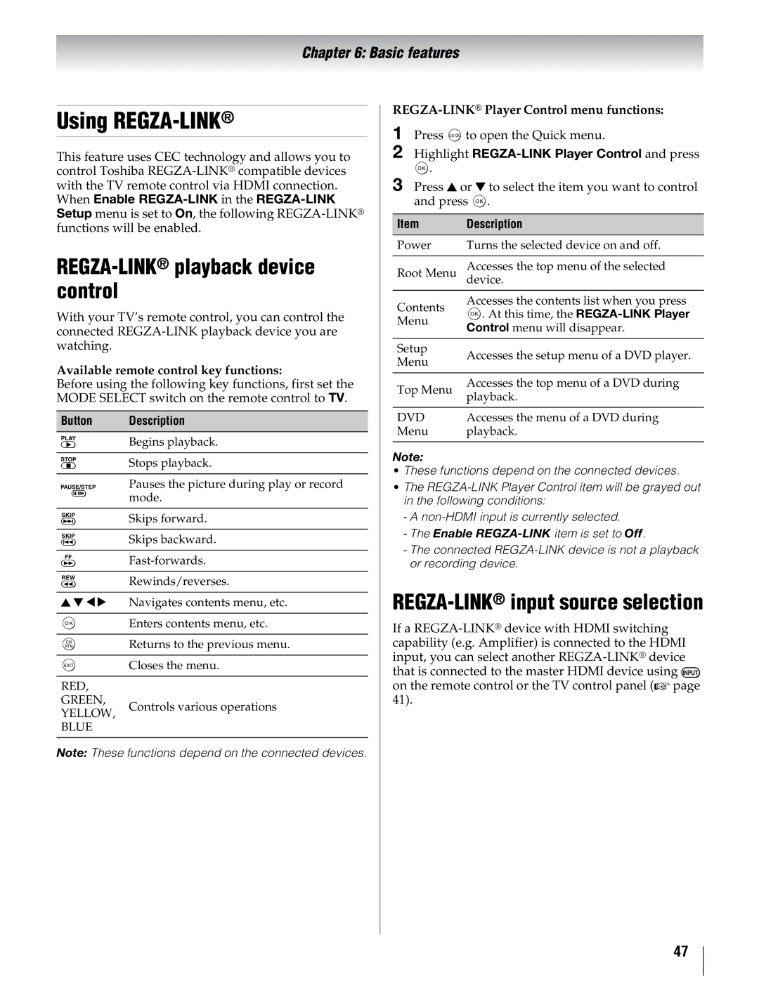 Toshiba 46UX600U, 40UX600U, 55UX600U Using REGZA-LINK, REGZA-LINKplayback device control, REGZA-LINKinput source selection 