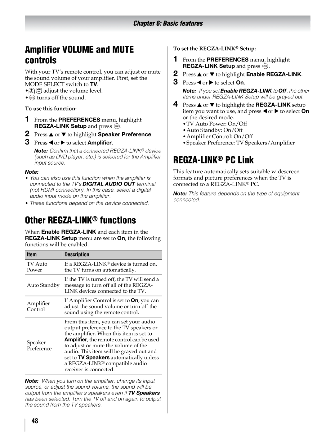 Toshiba 40UX600U, 55UX600U, 46UX600U manual Amplifier Volume and Mute controls, Other REGZA-LINKfunctions, REGZA-LINKPC Link 