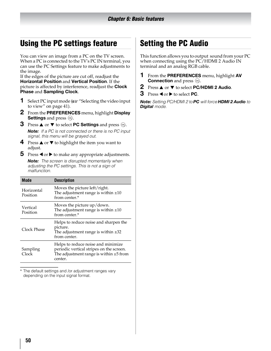 Toshiba 46UX600U, 40UX600U, 55UX600U manual Using the PC settings feature, Setting the PC Audio 