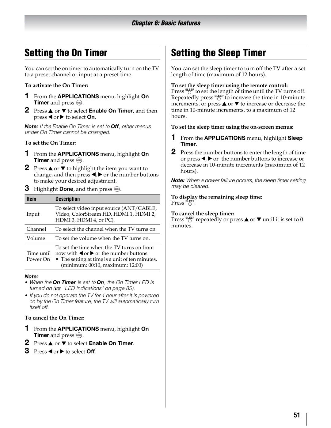 Toshiba 40UX600U, 55UX600U, 46UX600U manual Setting the On Timer, Setting the Sleep Timer 