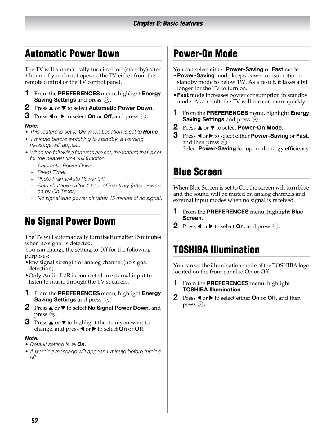 Toshiba 55UX600U, 40UX600U Automatic Power Down, No Signal Power Down, Power-On Mode, Blue Screen, Toshiba Illumination 