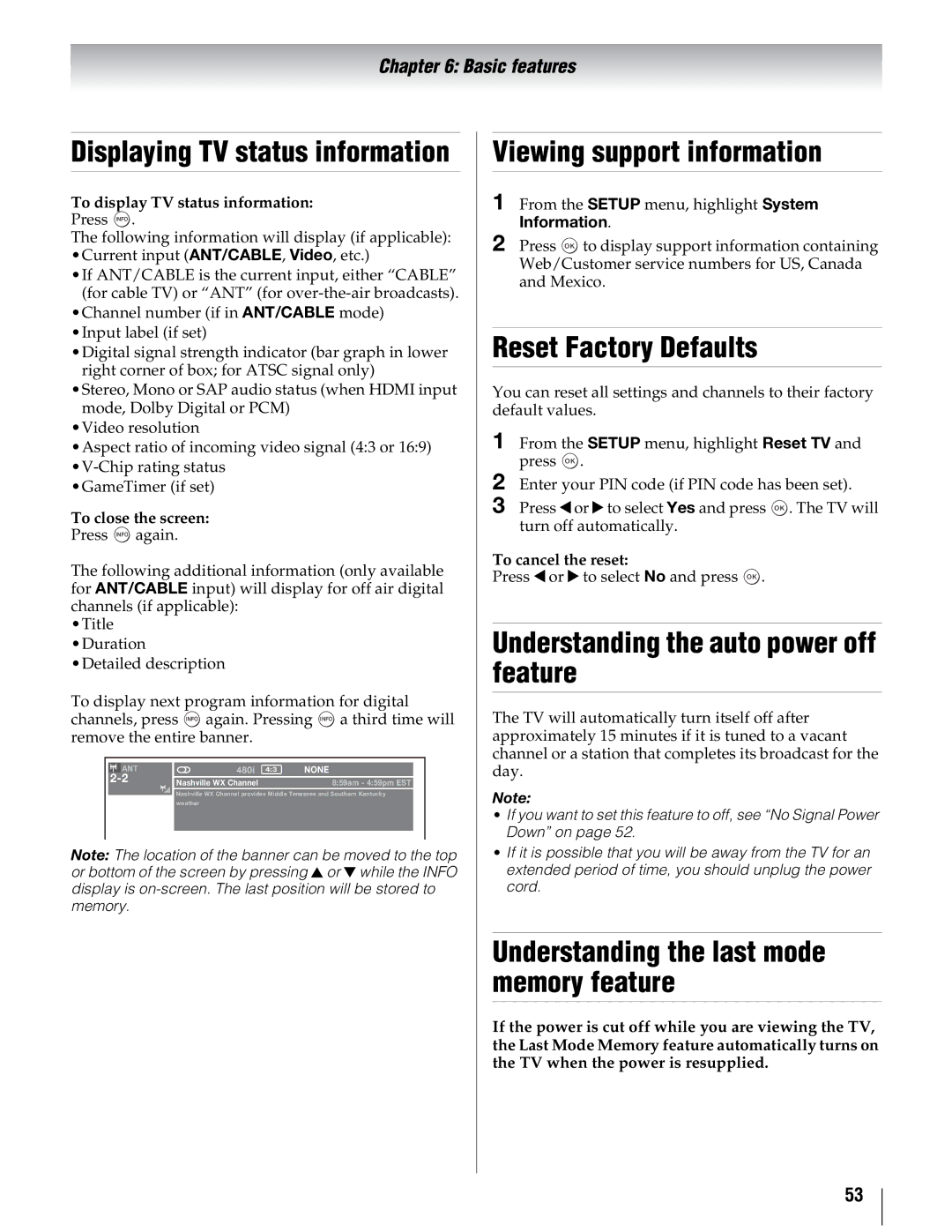 Toshiba 46UX600U, 40UX600U, 55UX600U Displaying TV status information, Viewing support information, Reset Factory Defaults 