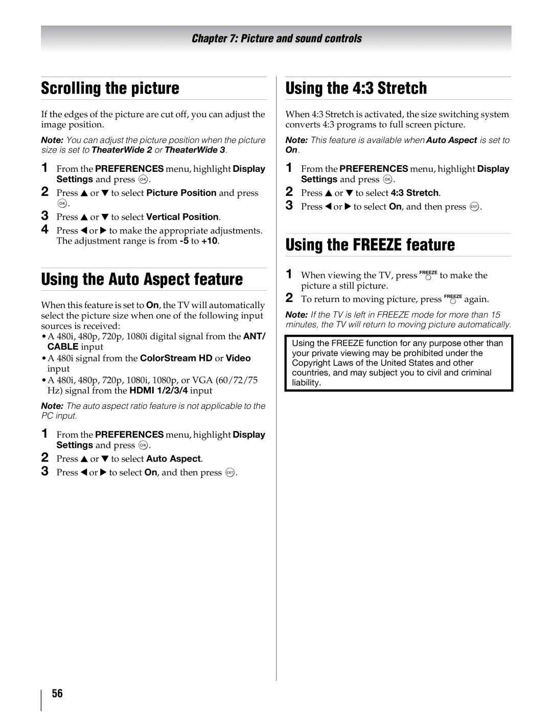 Toshiba 46UX600U Scrolling the picture, Using the Auto Aspect feature, Using the 43 Stretch, Using the Freeze feature 