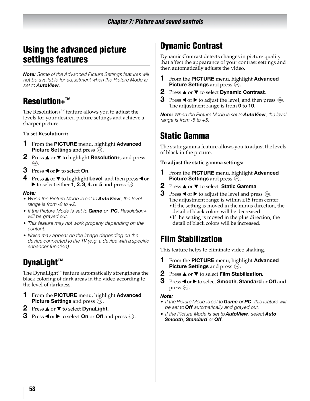 Toshiba 55UX600U, 40UX600U, 46UX600U manual Using the advanced picture settings features 