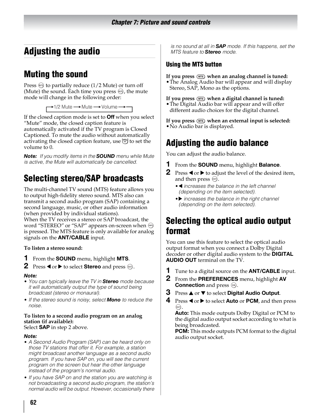 Toshiba 46UX600U, 40UX600U, 55UX600U Muting the sound, Selecting stereo/SAP broadcasts, Adjusting the audio balance 