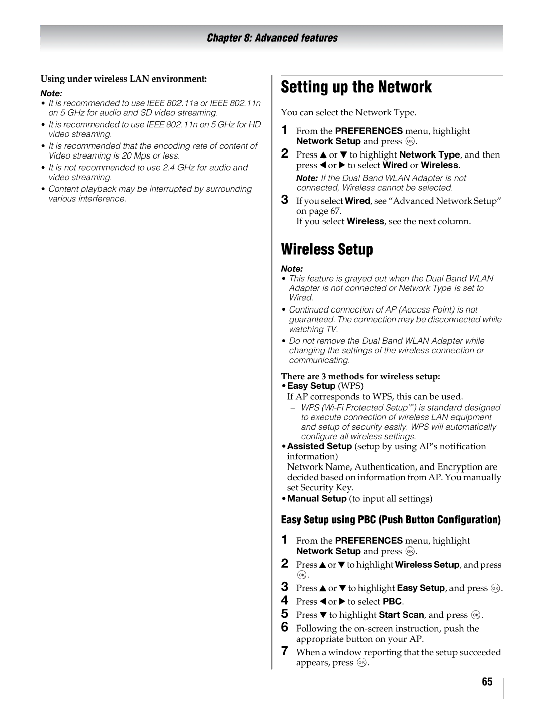 Toshiba 46UX600U Setting up the Network, Wireless Setup, Easy Setup using PBC Push Button Configuration, Easy Setup WPS 