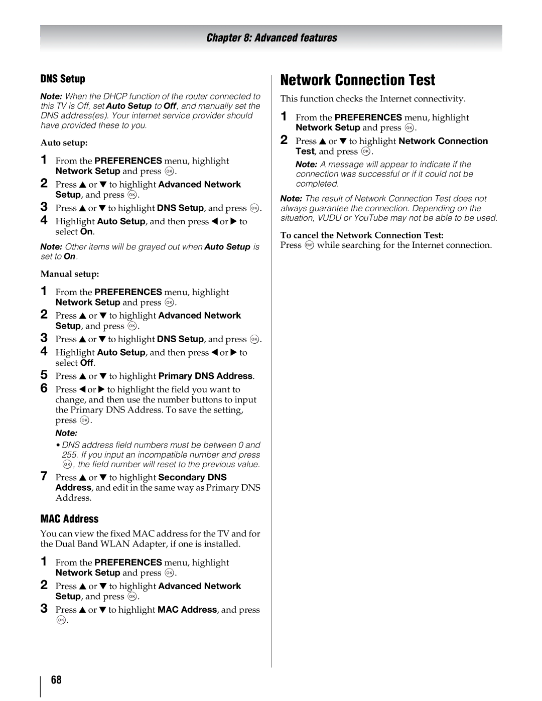 Toshiba 46UX600U, 40UX600U, 55UX600U manual DNS Setup, MAC Address, To cancel the Network Connection Test 