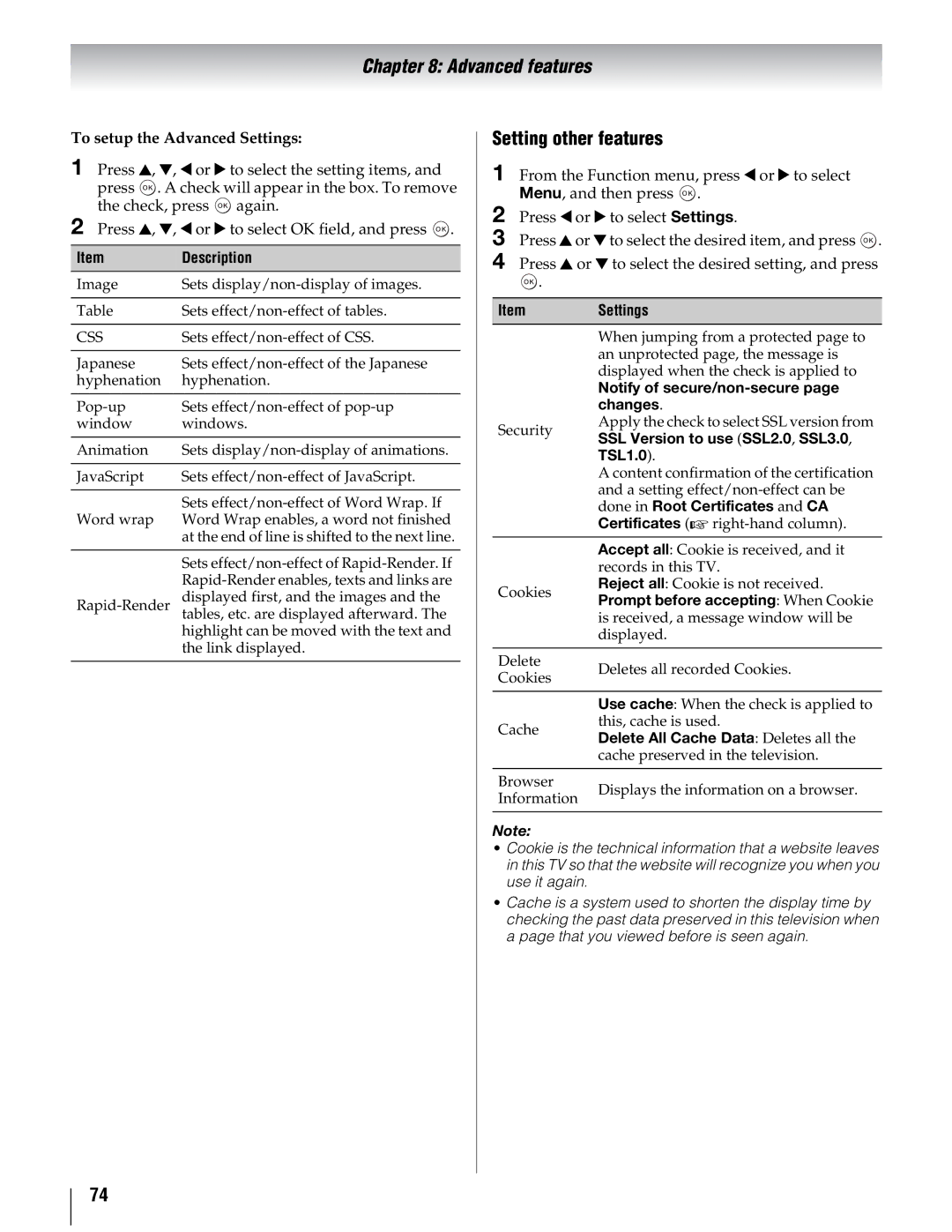 Toshiba 46UX600U, 40UX600U, 55UX600U manual Setting other features, To setup the Advanced Settings, Item Settings 