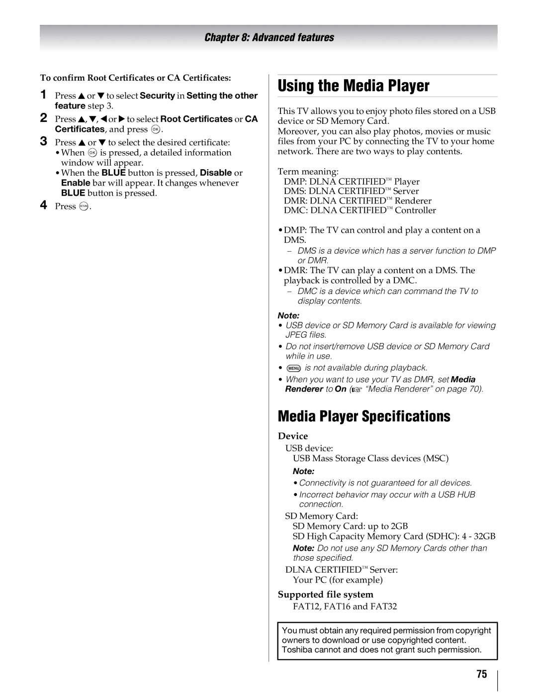 Toshiba 40UX600U Using the Media Player, Media Player Specifications, To confirm Root Certificates or CA Certificates 