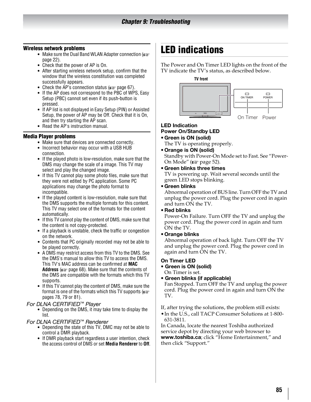 Toshiba 55UX600U manual LED Indication Power On/Standby LED Green is on solid, Orange is on solid, Green blinks three times 