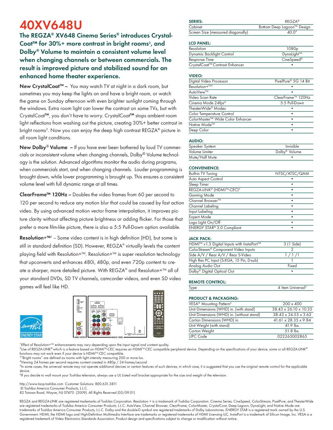 Toshiba 40XV648U manual Series, LCD Panel, Video, Audio, Convenience, Jack Pack, Remote Control, Product & Packaging 