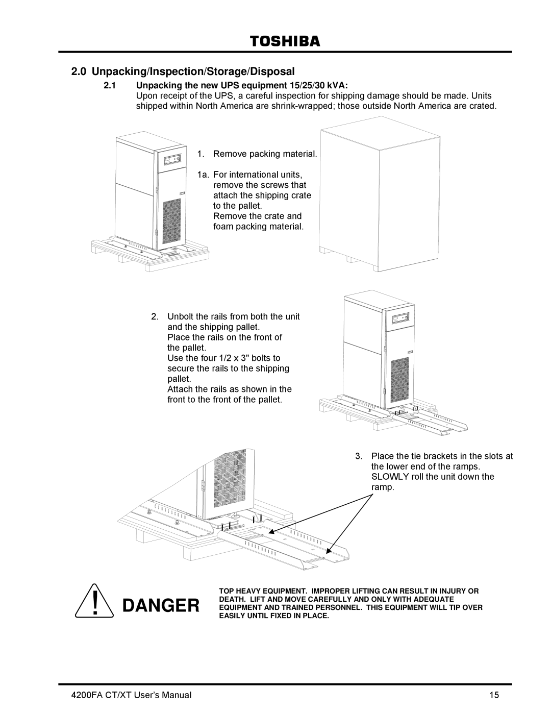 Toshiba 4200FA CT/XT user manual Unpacking the new UPS equipment 15/25/30 kVA 