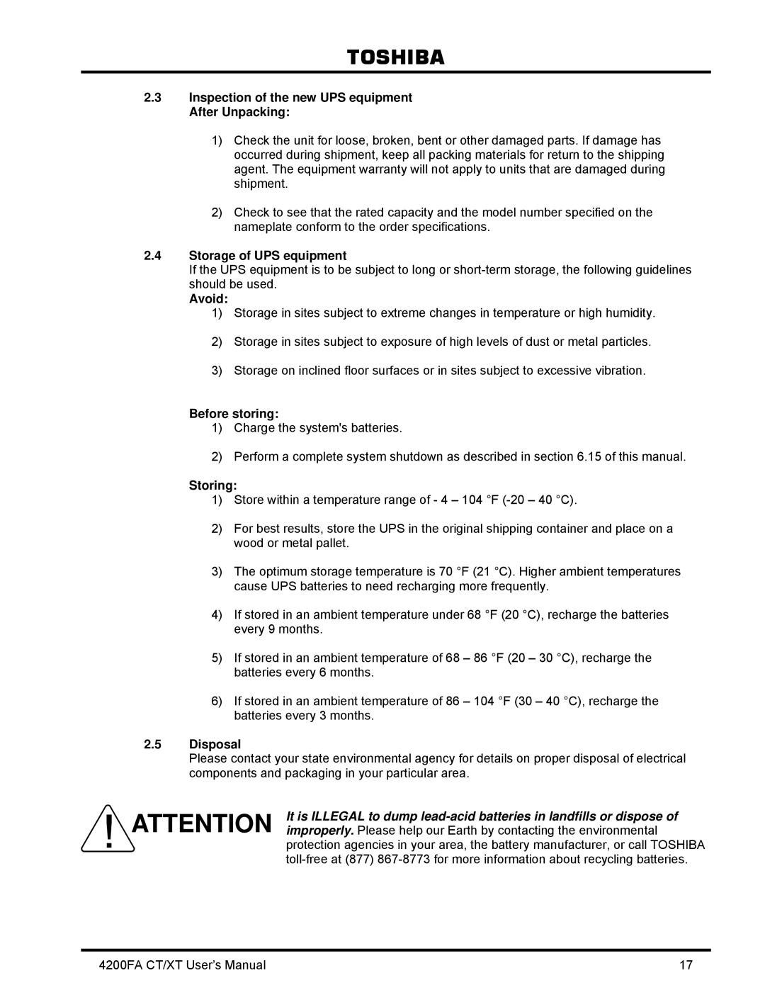 Toshiba 4200FA CT/XT Inspection of the new UPS equipment After Unpacking, Storage of UPS equipment, Avoid, Before storing 
