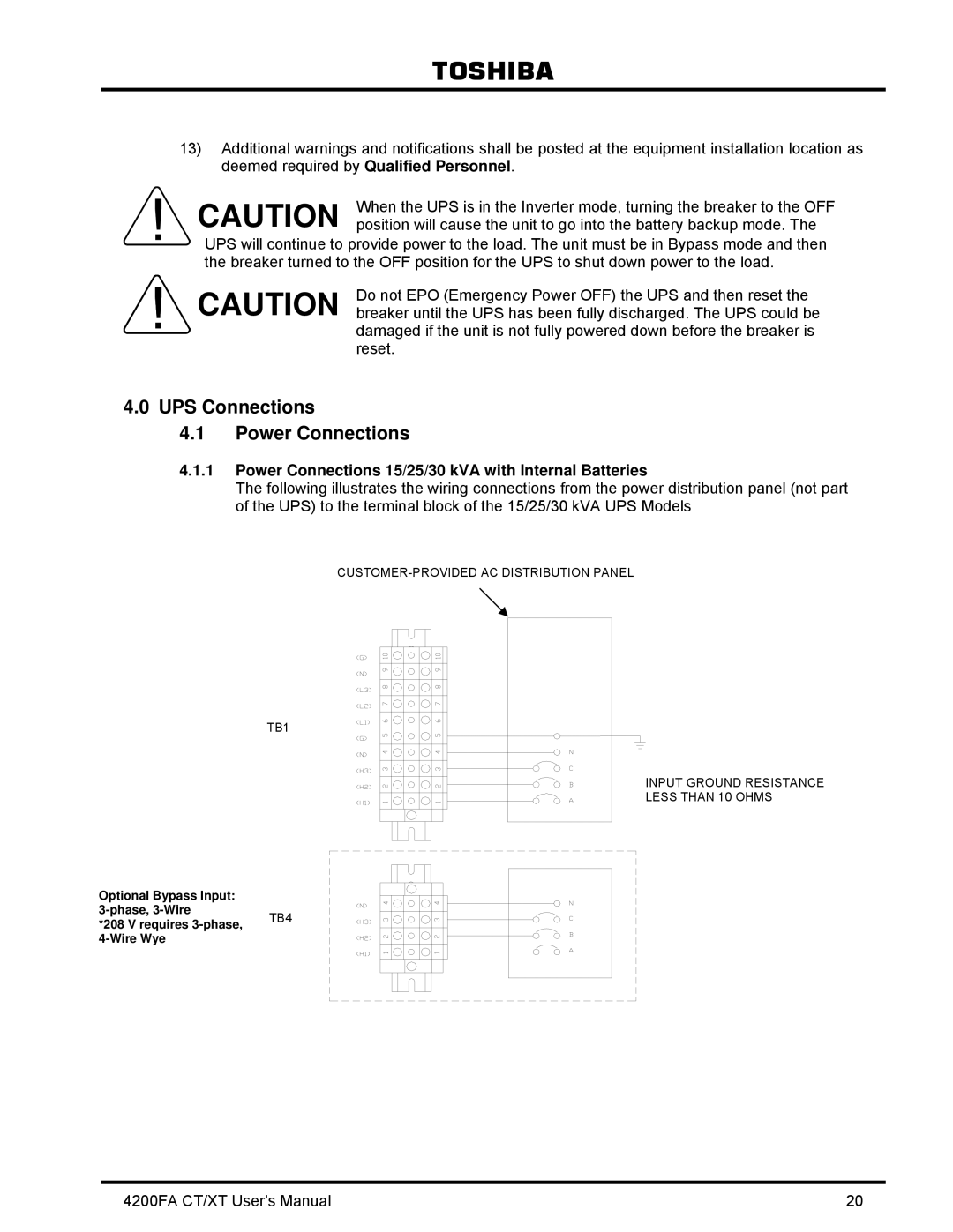 Toshiba 4200FA CT/XT user manual UPS Connections Power Connections, Power Connections 15/25/30 kVA with Internal Batteries 