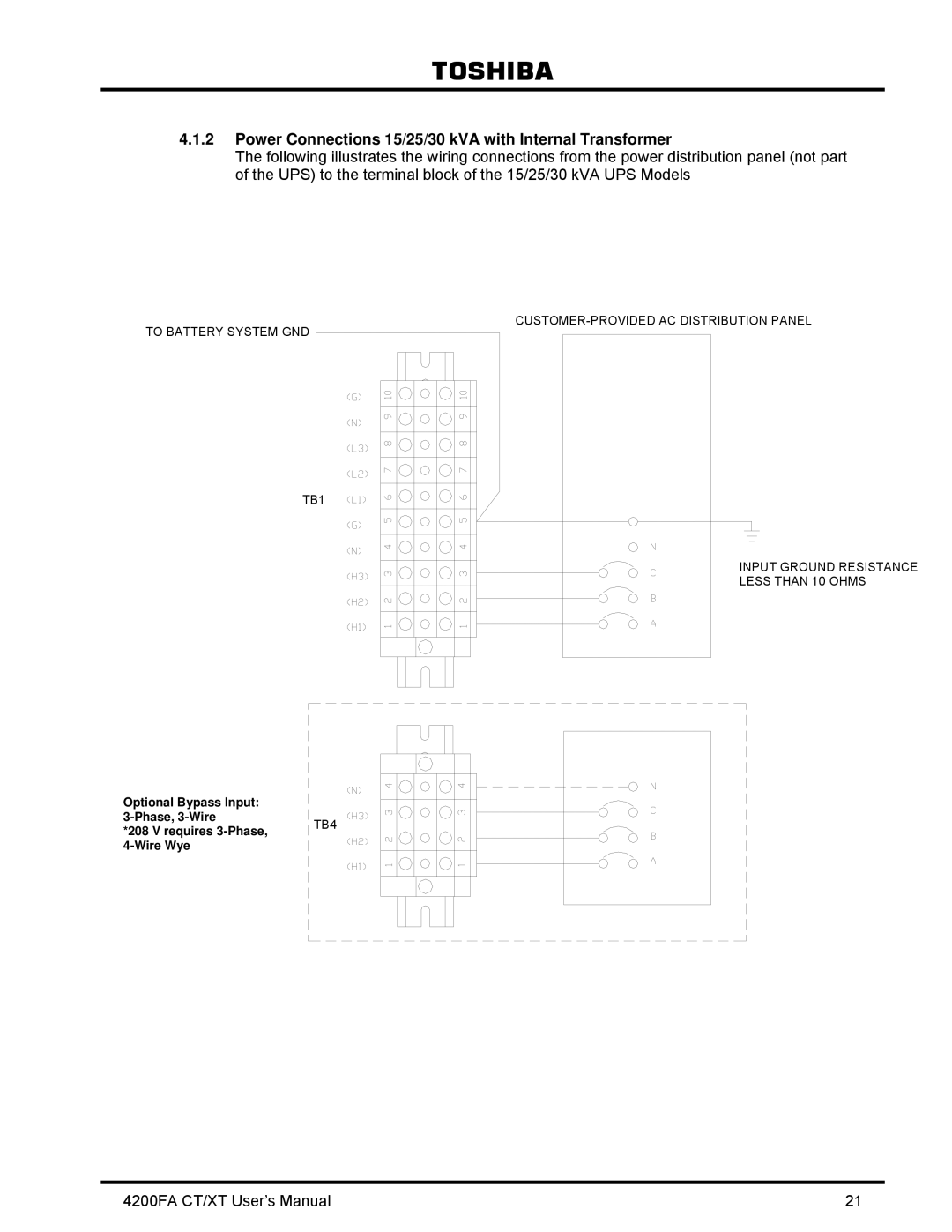 Toshiba 4200FA CT/XT user manual Power Connections 15/25/30 kVA with Internal Transformer 