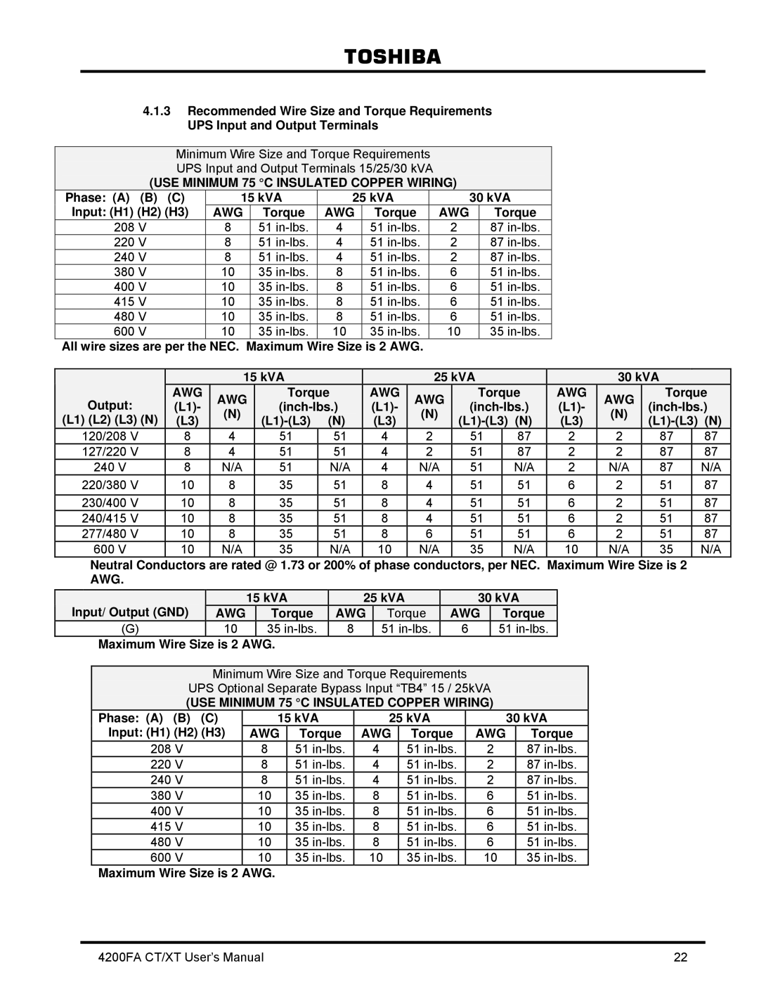 Toshiba 4200FA CT/XT user manual Phase a B C 15 kVA 25 kVA 30 kVA Input H1 H2 H3, Torque Inch-lbs L1 L2 L3 N L1-L3 