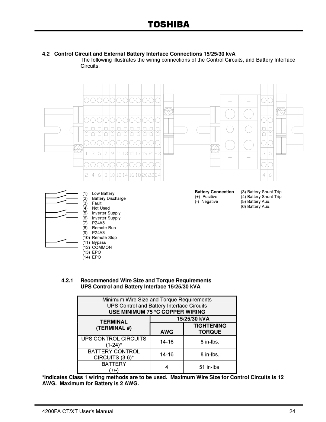 Toshiba 4200FA CT/XT user manual 15/25/30 kVA, Battery Connection 