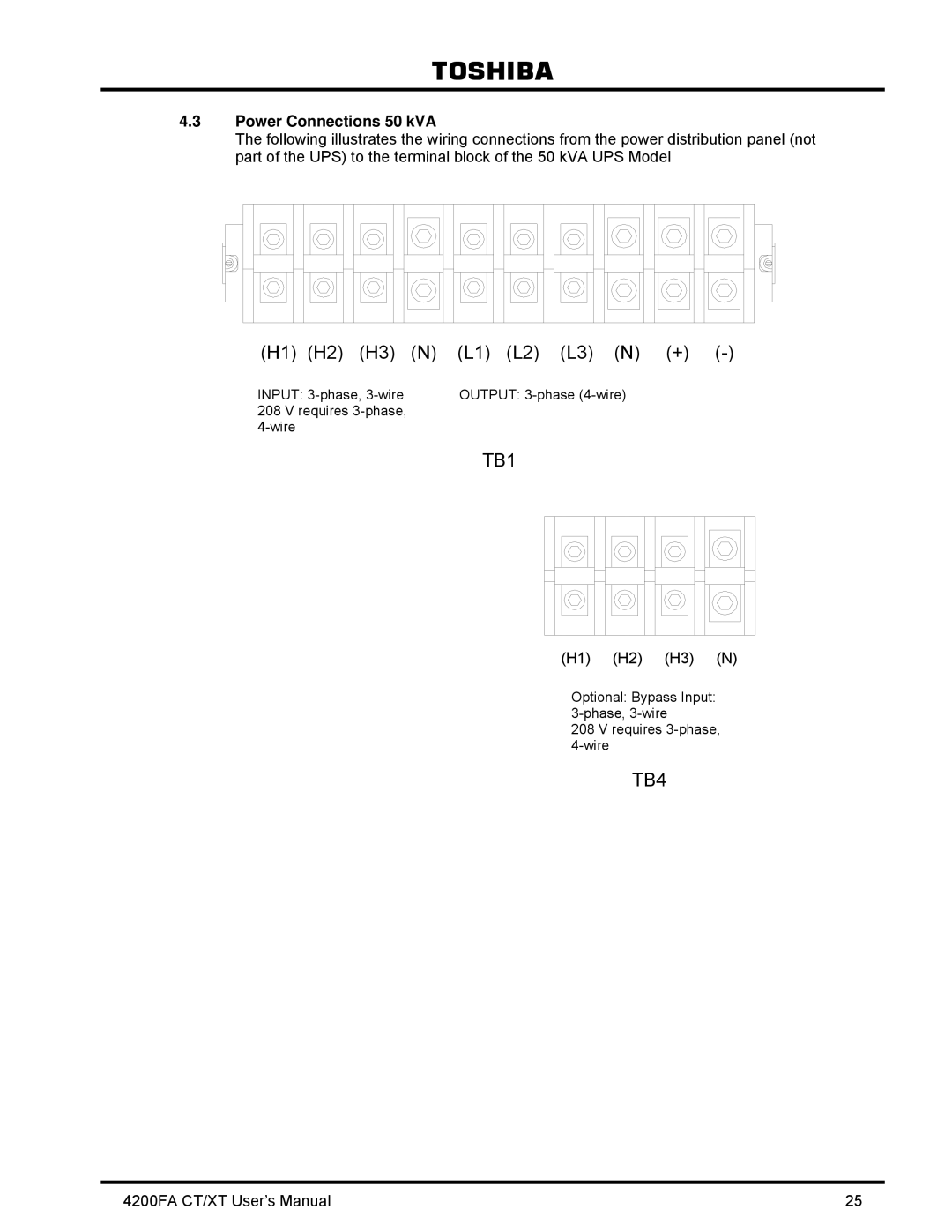 Toshiba 4200FA CT/XT user manual Power Connections 50 kVA 