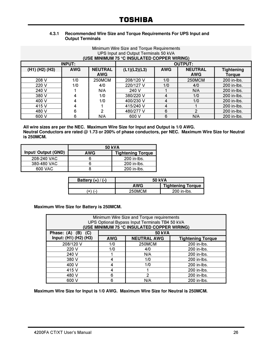Toshiba 4200FA CT/XT user manual L1L2L3, Tightening Torque, Battery + 50 kVA, Phase a B C 50 kVA Input H1 H2 H3 