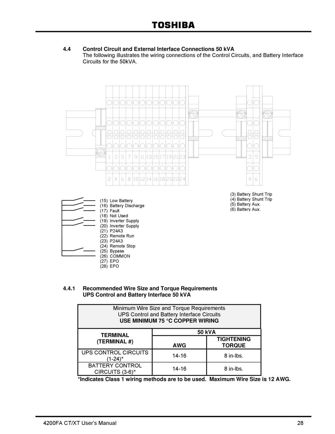 Toshiba 4200FA CT/XT user manual Control Circuit and External Interface Connections 50 kVA, Terminal # AWG Torque 