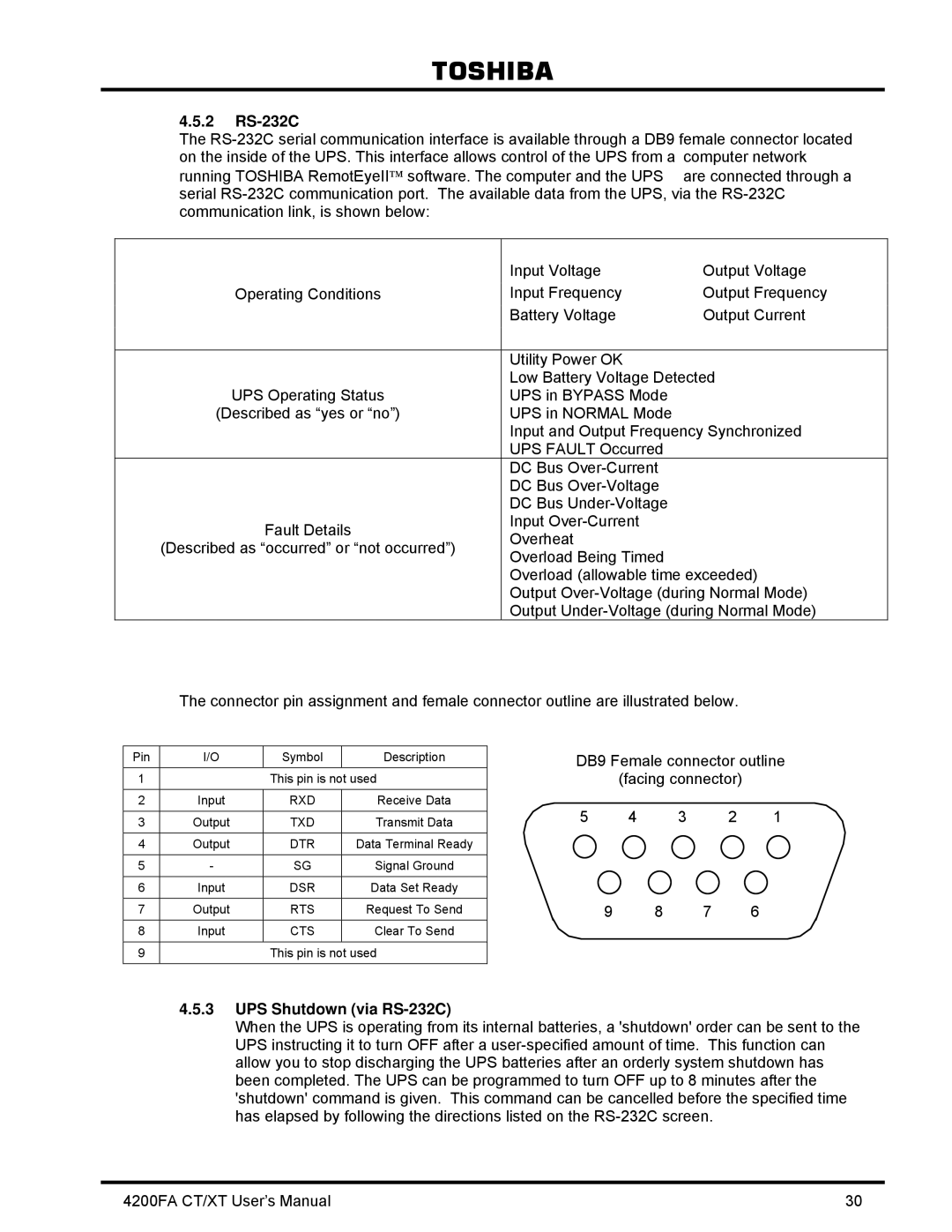 Toshiba 4200FA CT/XT user manual 2 RS-232C, UPS Shutdown via RS-232C 