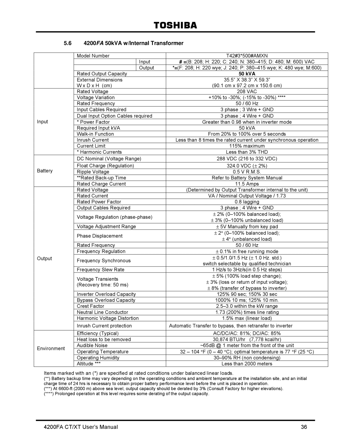 Toshiba 4200FA CT/XT user manual 4200FA 50kVA w/Internal Transformer 