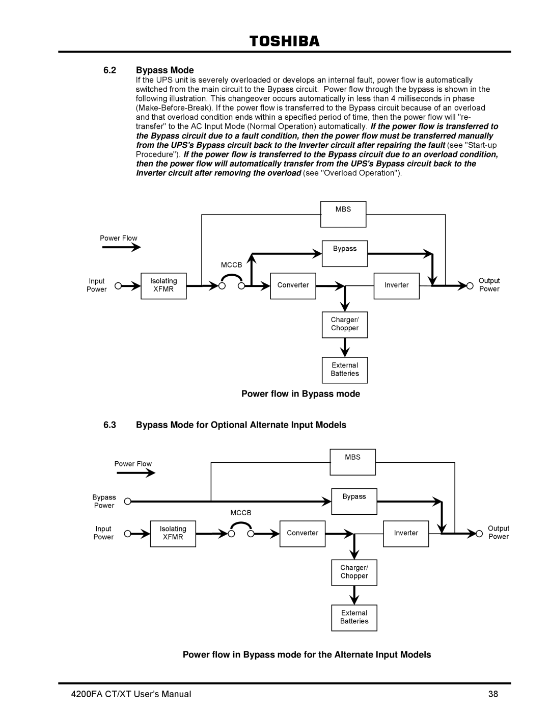 Toshiba 4200FA CT/XT user manual Bypass Mode, Power flow in Bypass mode for the Alternate Input Models 