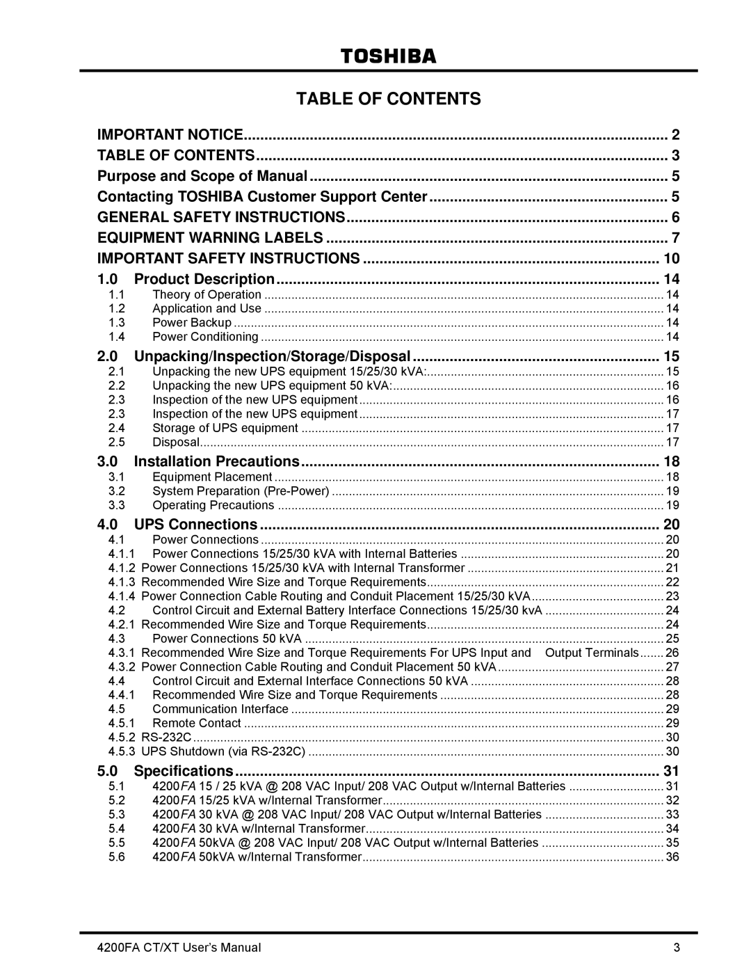 Toshiba 4200FA CT/XT user manual Table of Contents 