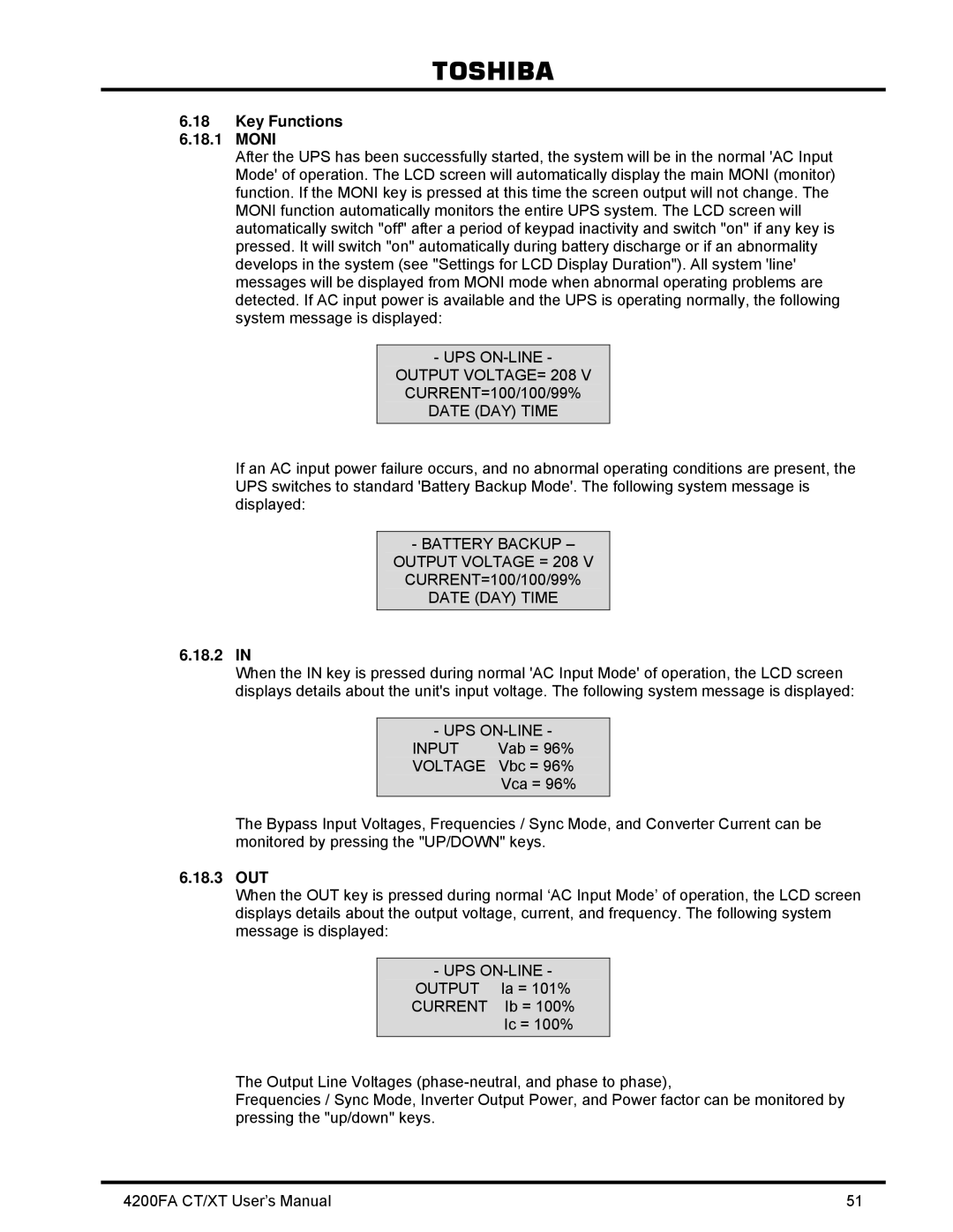 Toshiba 4200FA CT/XT user manual Key Functions 6.18.1 Moni, 18.2, 18.3 OUT 