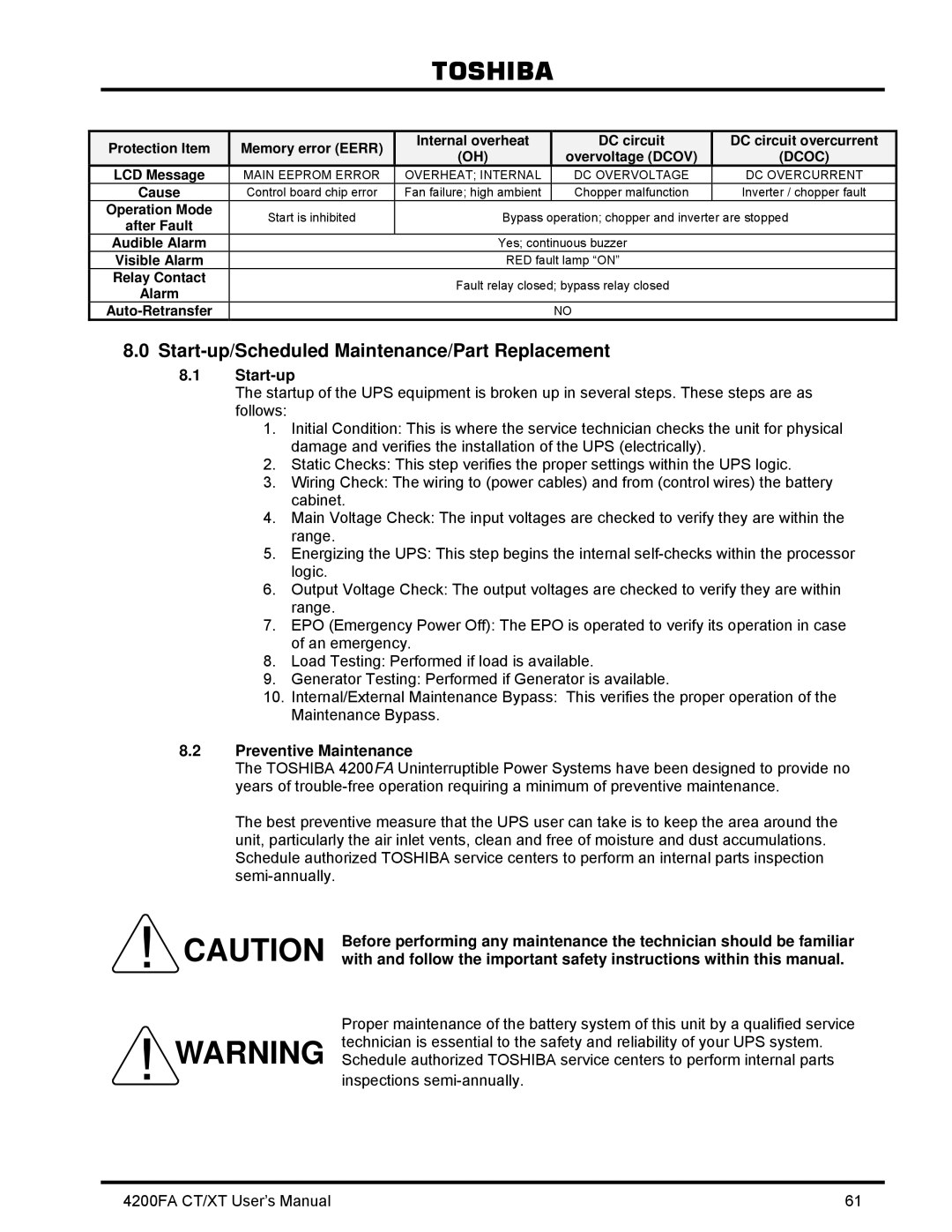 Toshiba 4200FA CT/XT user manual Start-up, Preventive Maintenance 