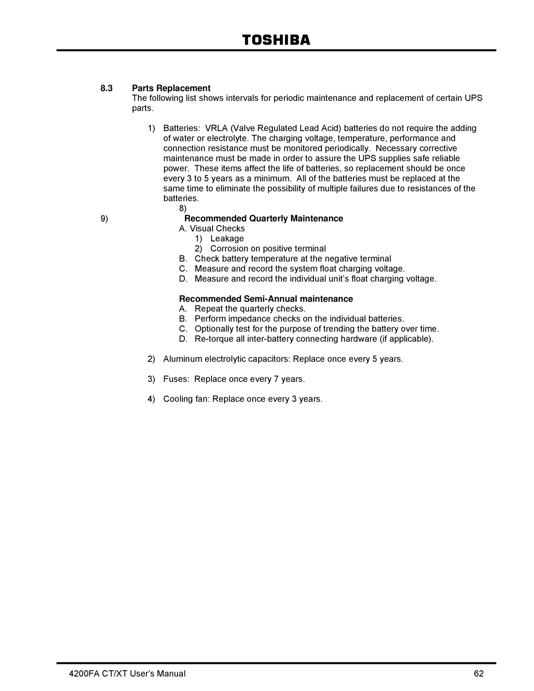 Toshiba 4200FA CT/XT user manual Parts Replacement, Recommended Semi-Annual maintenance 