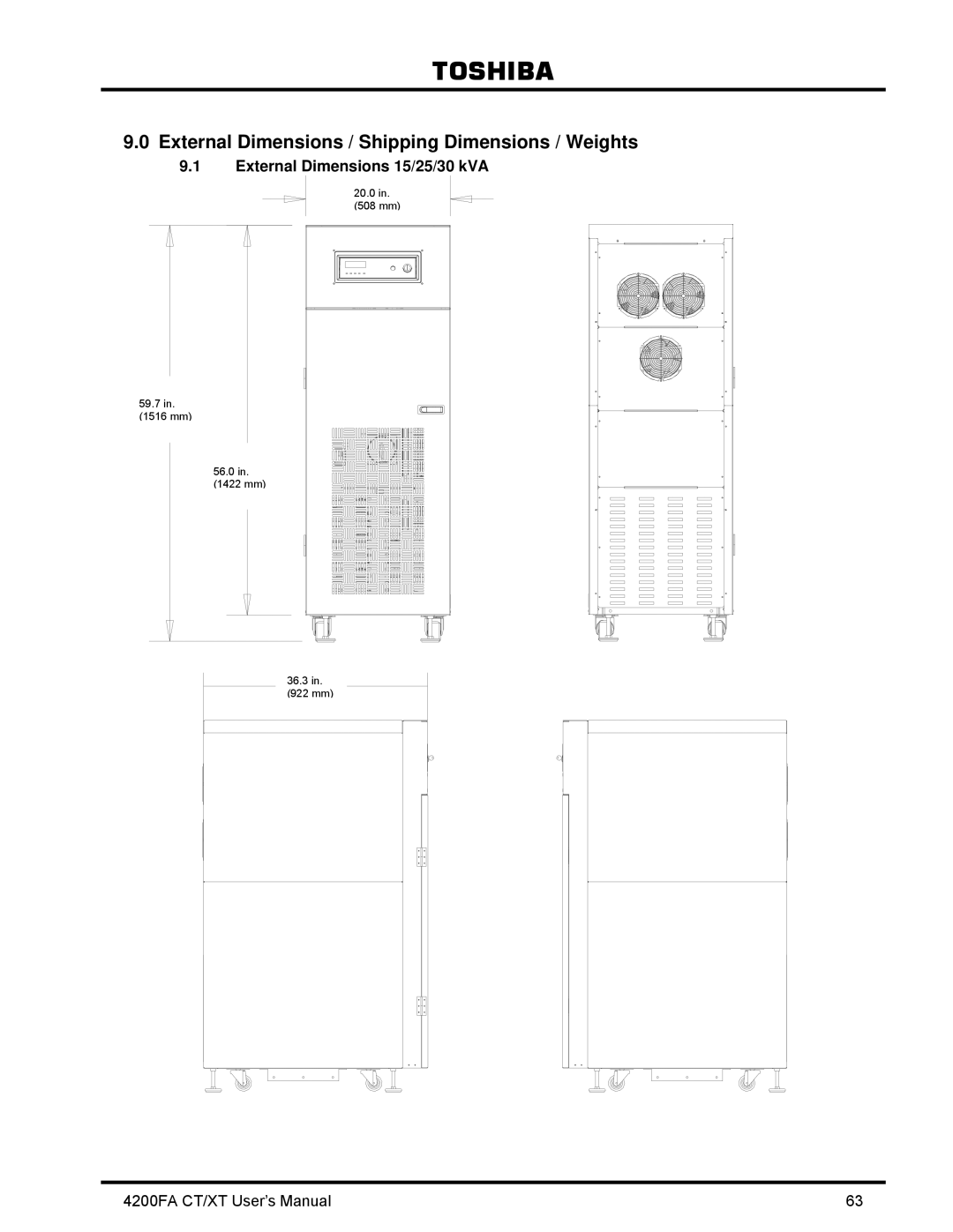 Toshiba 4200FA CT/XT user manual External Dimensions 15/25/30 kVA 