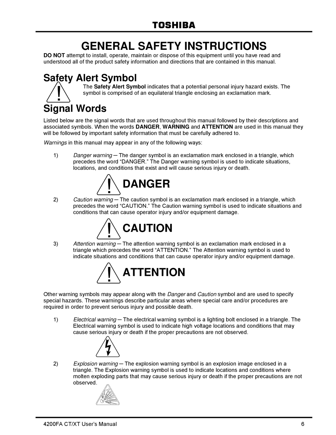 Toshiba 4200FA CT/XT user manual General Safety Instructions 