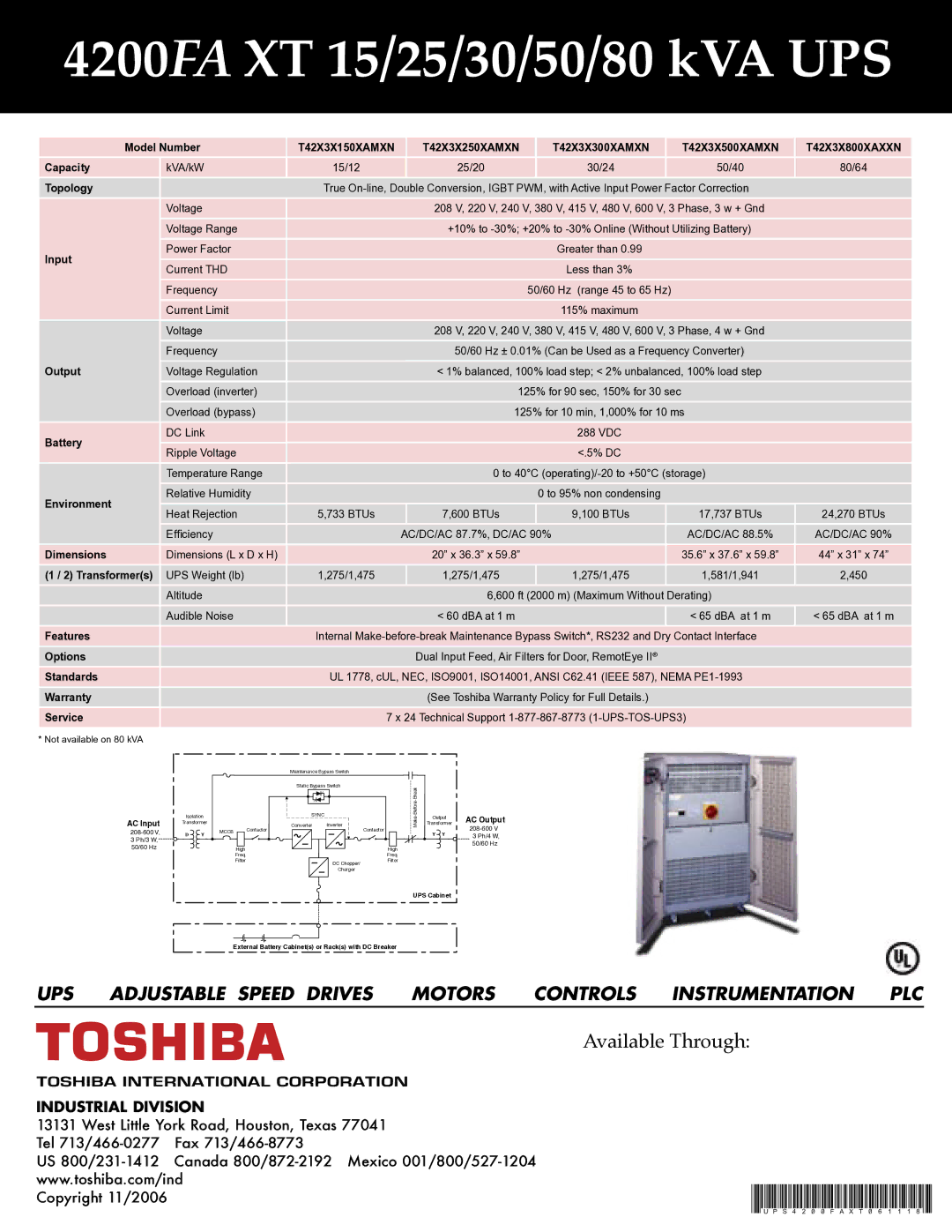 Toshiba 4200FA Series Model Number, Capacity, Topology, Input, Output, Battery, Environment, Dimensions, Transformers 