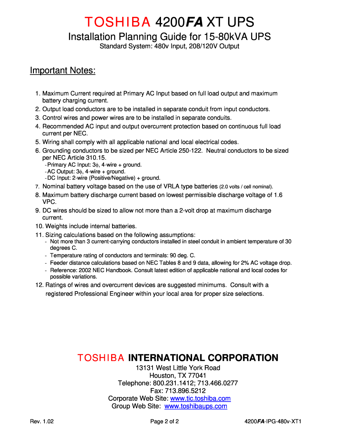 Toshiba dimensions West Little York Road Houston, TX Telephone 800.231.1412 Fax, TOSHIBA 4200FA XT UPS, Important Notes 