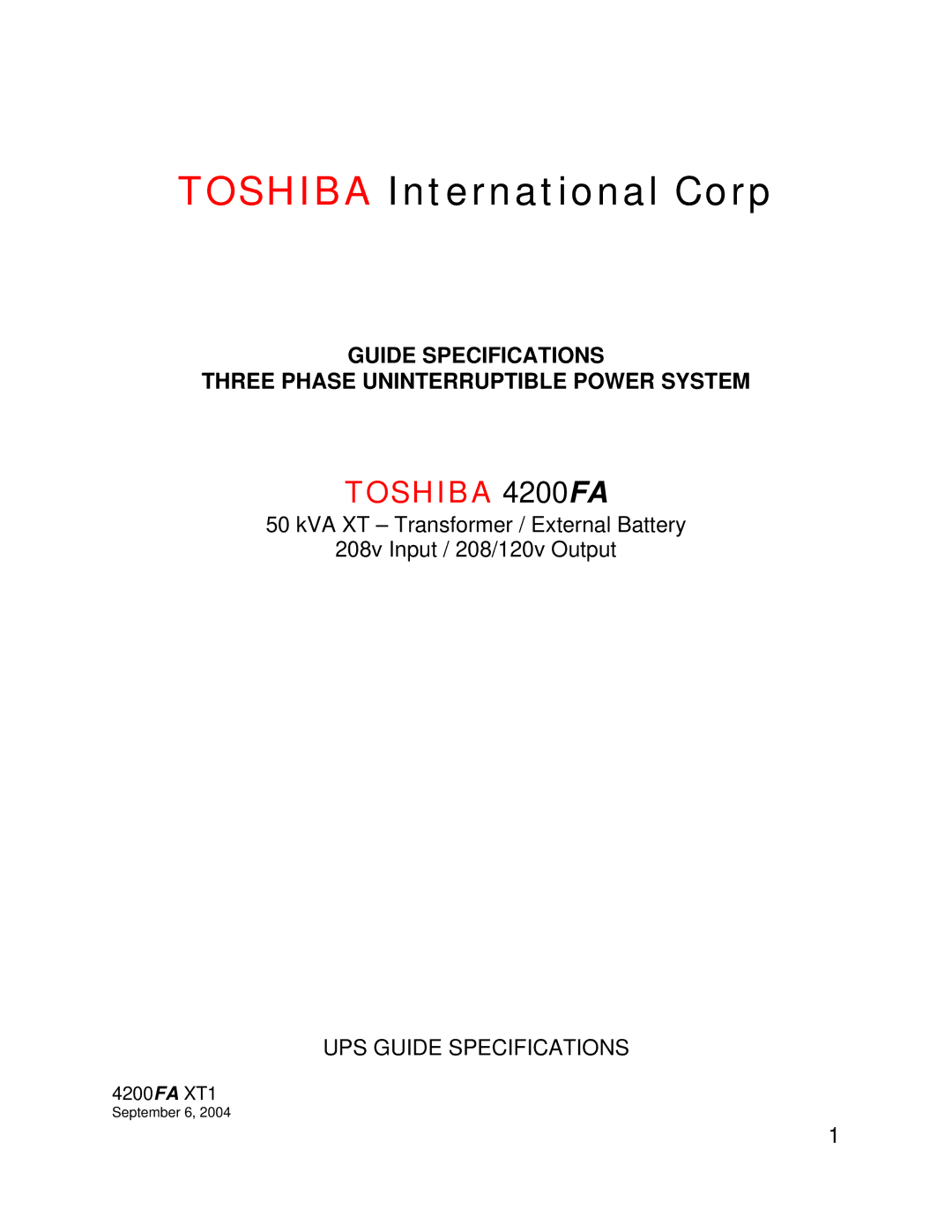 Toshiba TOSHIBA 4200FA, 4200FA XT1 specifications Toshiba International Corp 