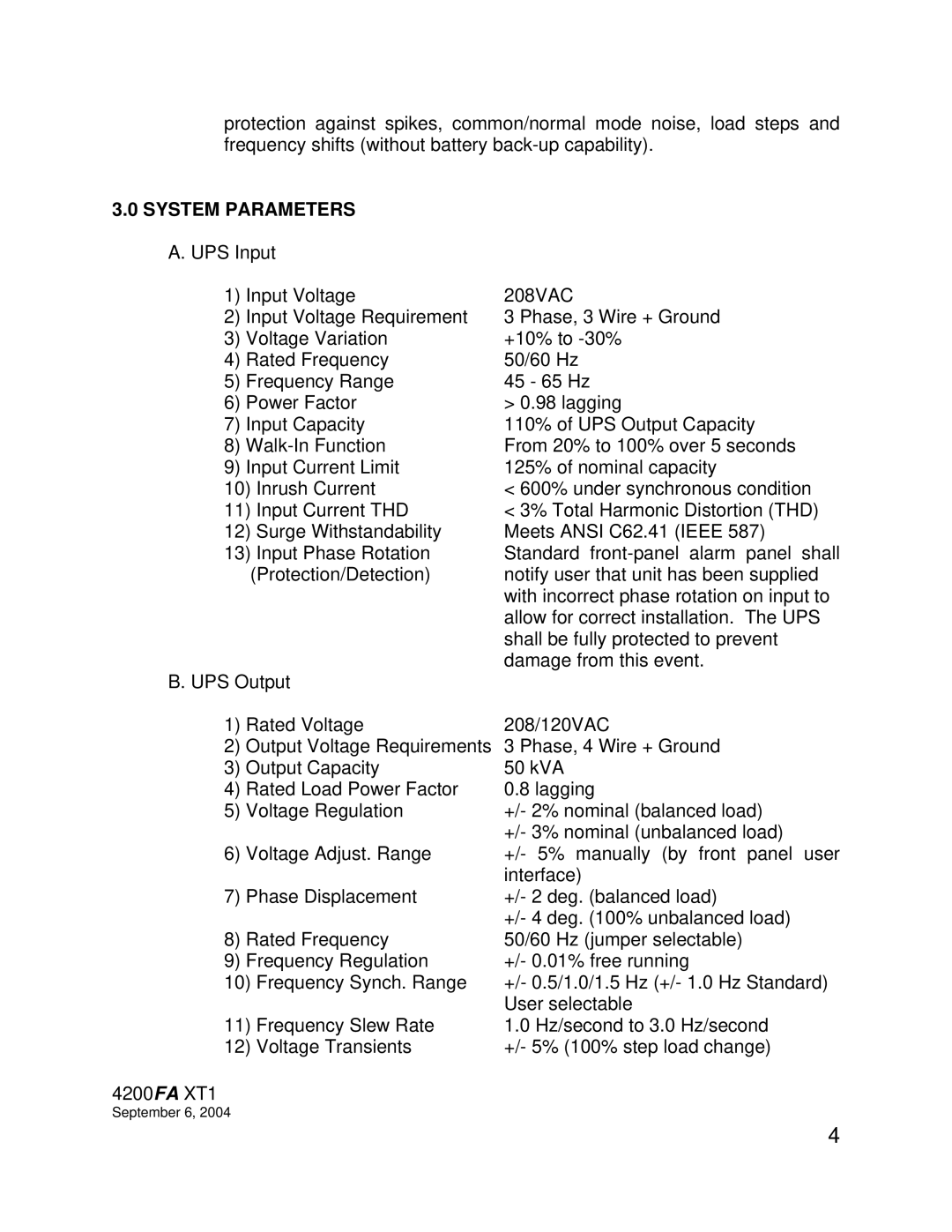 Toshiba 4200FA XT1, TOSHIBA 4200FA specifications System Parameters A. UPS Input 