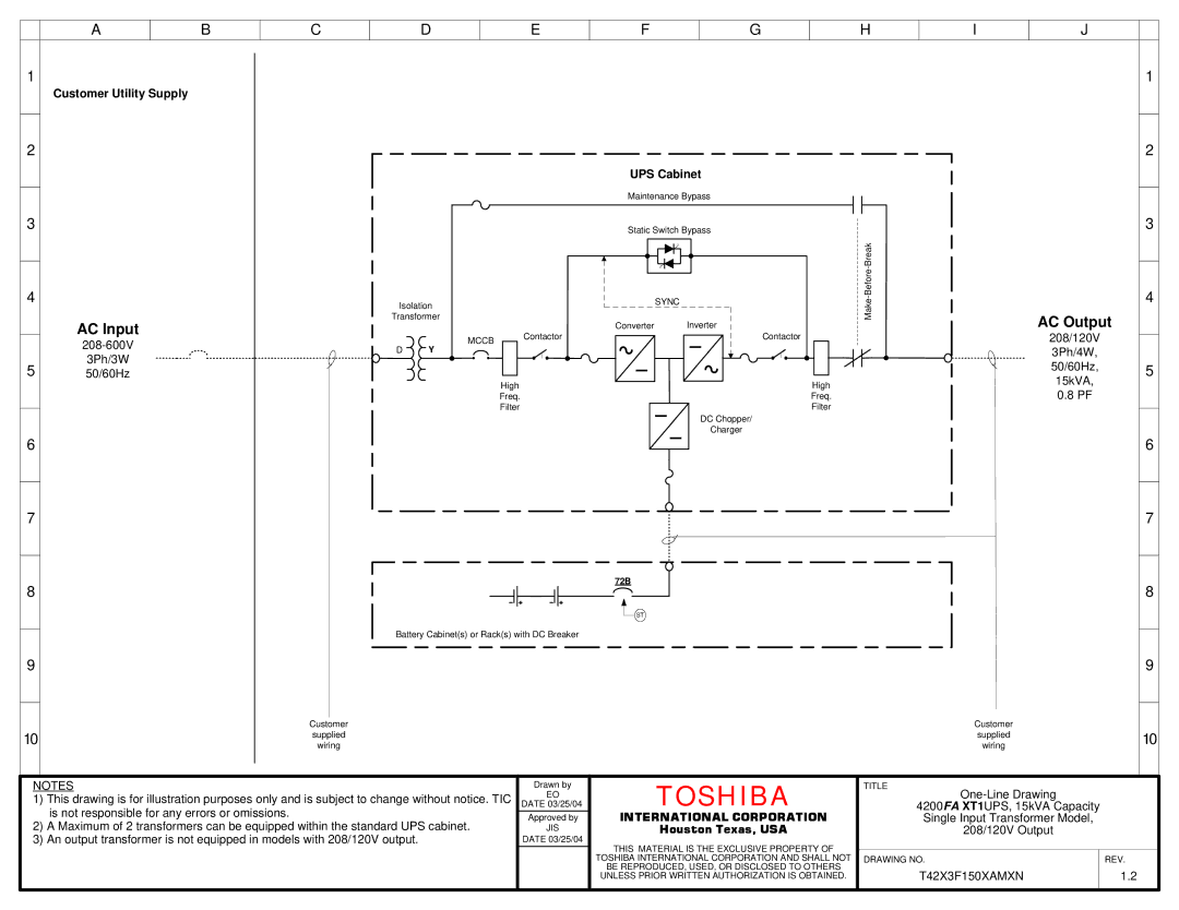 Toshiba 4200FA XT1 manual Toshiba, AC Input, AC Output, 3Ph/4W 3Ph/3W 50/60Hz 