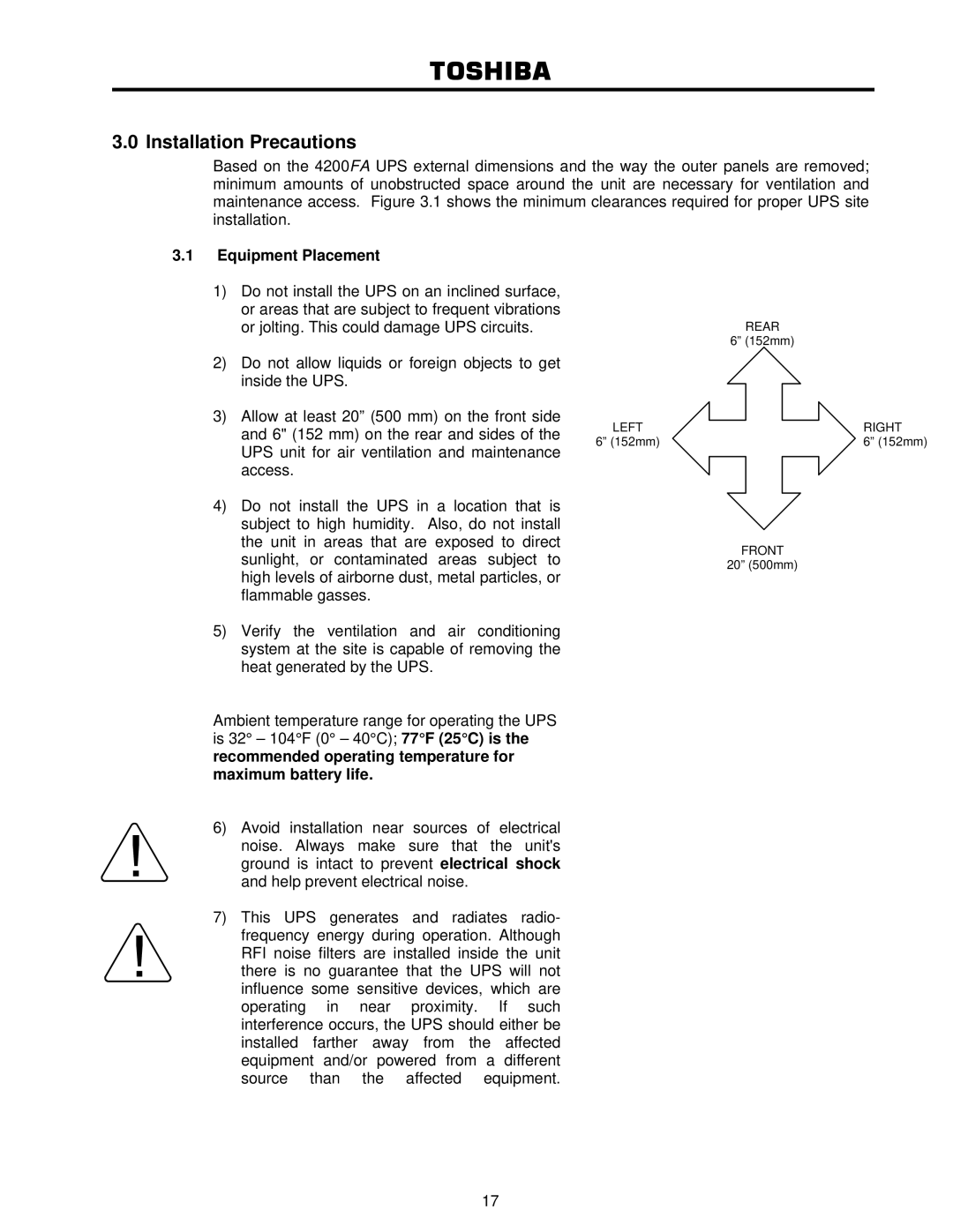 Toshiba 4200FA user manual Equipment Placement 