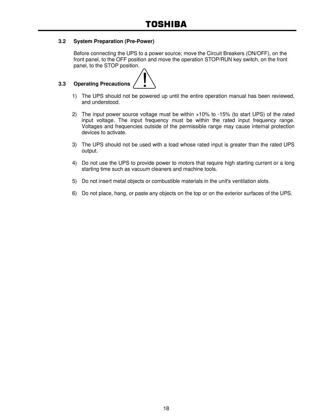 Toshiba 4200FA user manual System Preparation Pre-Power, Operating Precautions 