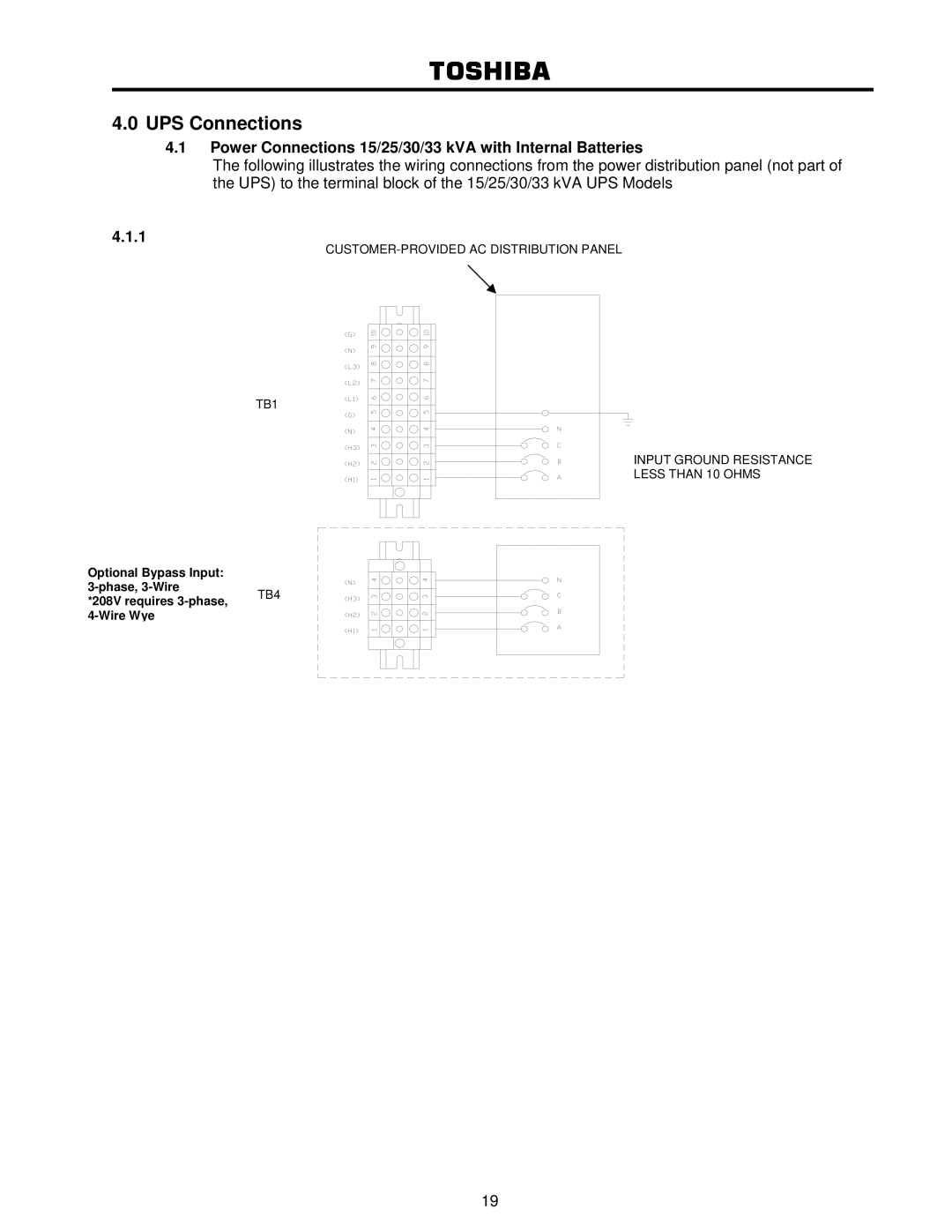 Toshiba 4200FA user manual Power Connections 15/25/30/33 kVA with Internal Batteries 