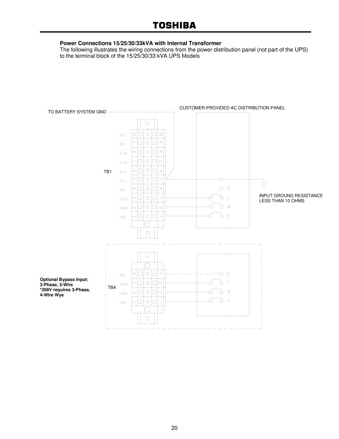 Toshiba 4200FA user manual Power Connections 15/25/30/33kVA with Internal Transformer 