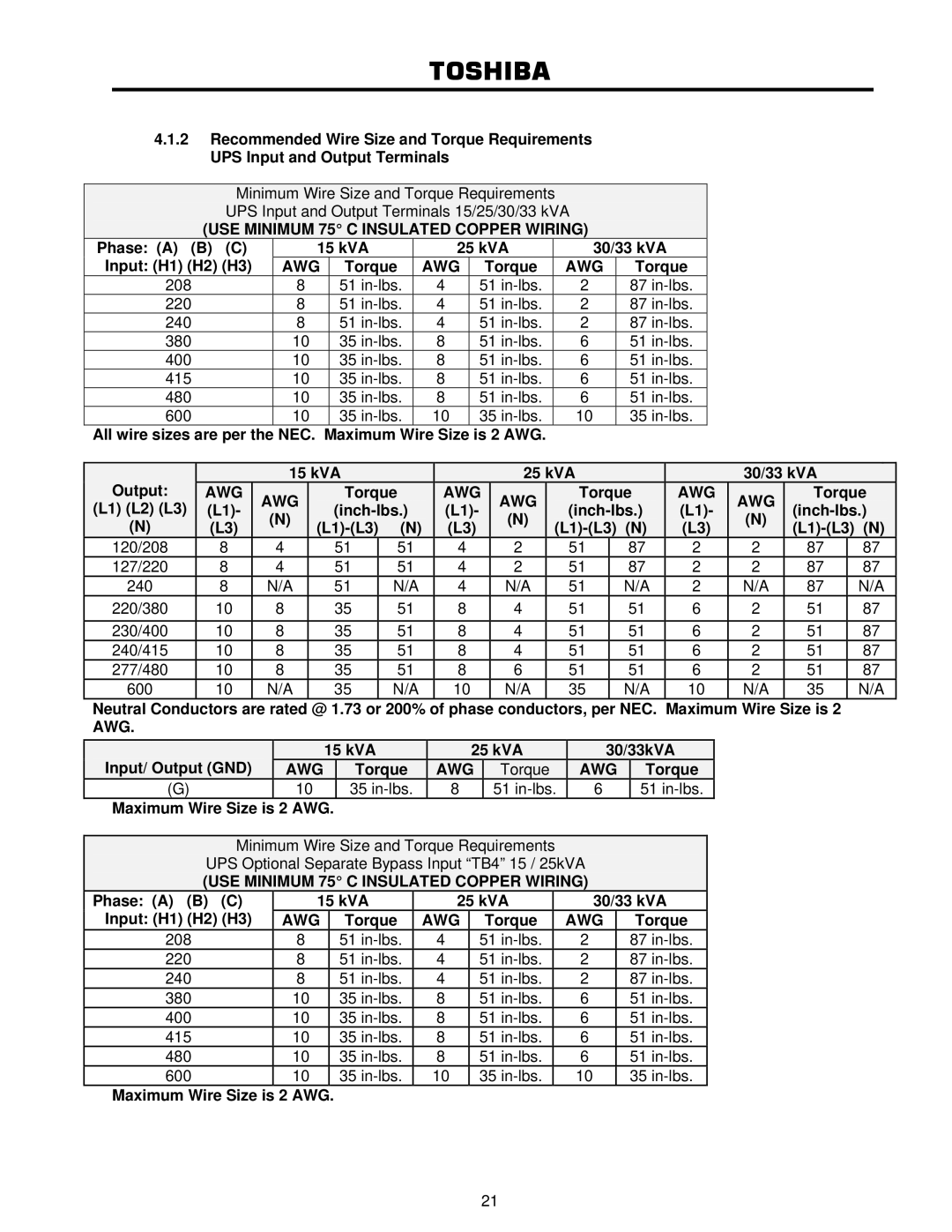 Toshiba 4200FA user manual Phase a B C 15 kVA 25 kVA 30/33 kVA Input H1 H2 H3, Torque L1 L2 L3 Inch-lbs L1-L3 