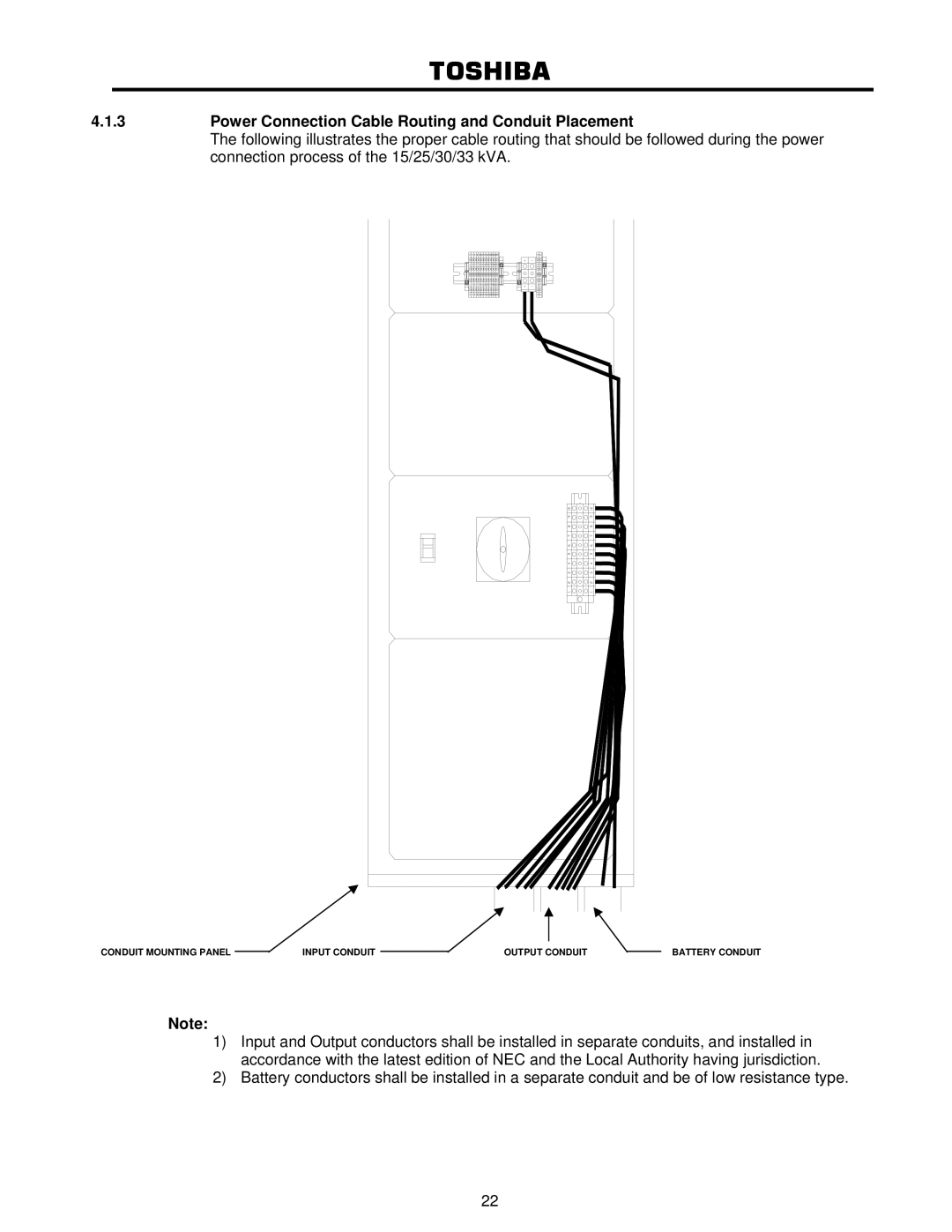 Toshiba 4200FA user manual Power Connection Cable Routing and Conduit Placement 